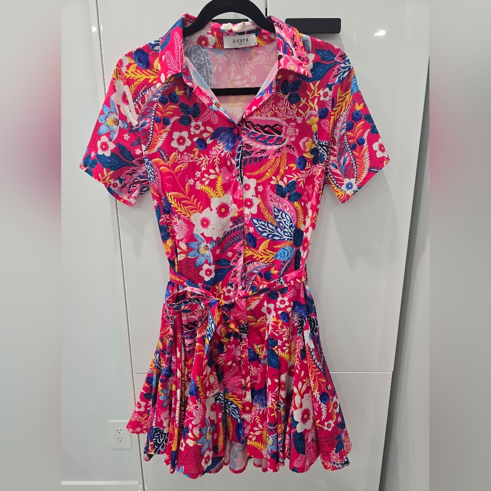 Axara Women's Pink Floral Mini Shirt Dress Colorful Size S